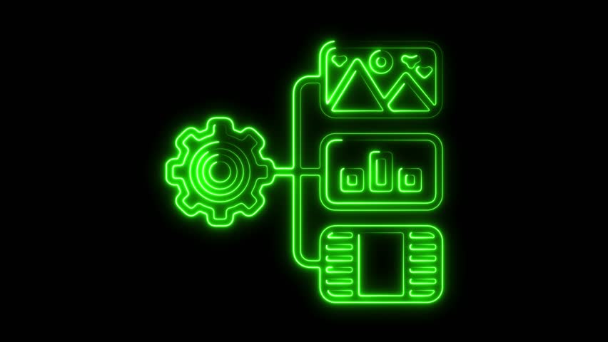 Dynamic neon green data processing flow featuring settings gear, chart, and file icons. A modern, abstract representation of digital workflow automation in action. - Powered by Shutterstock - Get 15% off with code: PIKWIZARD15