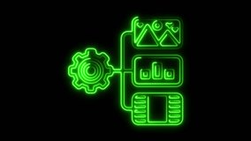 Dynamic neon green data processing flow featuring settings gear, chart, and file icons. A modern, abstract representation of digital workflow automation in action. - Powered by Shutterstock - Get 15% off with code: PIKWIZARD15