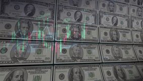 US dollar banknotes stacks over digital screen with exchange chart, depreciation and volatility concept, close-up perspective view - Powered by Shutterstock - Get 15% off with code: PIKWIZARD15