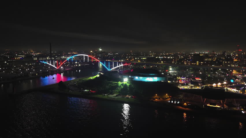 Aerial view of night light and fireworks in Milwaukee, evening in Wisconsin, USA