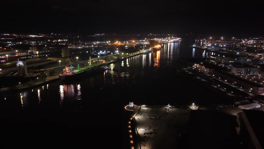 4K 60FPS aerial of the Belfast docks and surrounding area at night. Produced in Northern Ireland with Rec709 color profile.