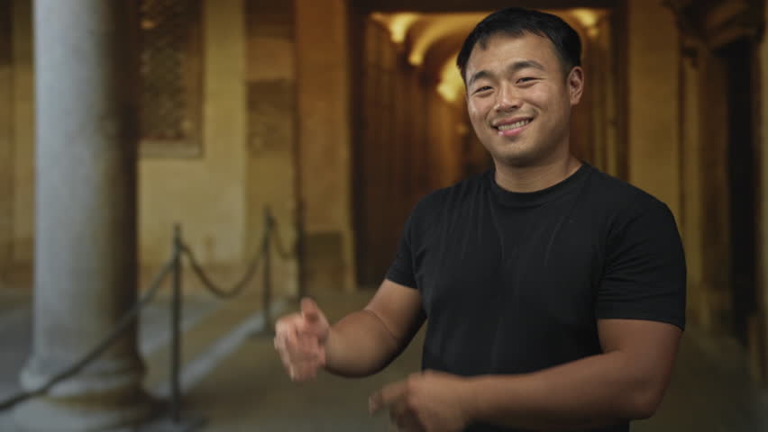 Man smiling and extends hand for greeting in old town street corridor lined with stone columns; friendliness.