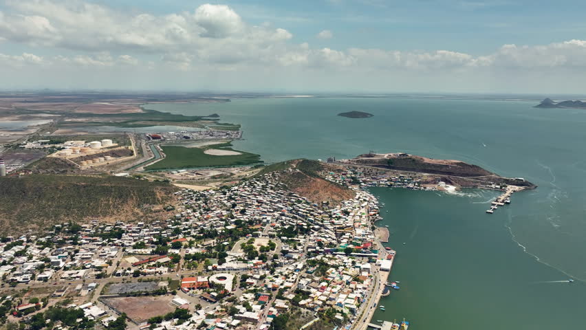 Aerial view over the townscape of Topolobampo, sunny day in Sinaloa, Mexico