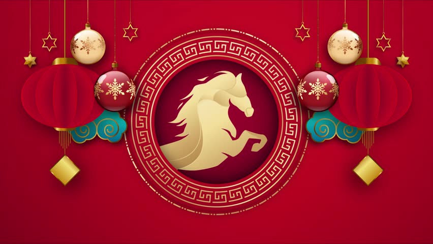 2026. Chinese New Year 2026 animation celebrating the Year of the Horse. Elegant red and gold background with oriental decorations, glowing lanterns, and festive ornaments symbolizing prosperity