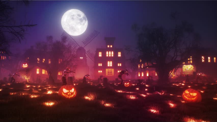 The zombies in town wake up on Halloween night. Halloween background video animation footage