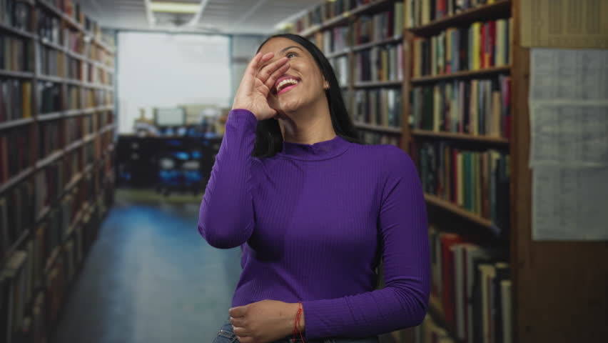 Woman laughs and holds her stomach amid tall library shelves in a quiet aisle wearing a purple sweater; happiness.