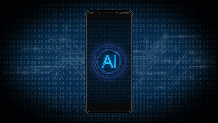 An animated smartphone displays a glowing AI logo on a digital binary code background. Represents artificial intelligence, mobile technology, and data processing. - Powered by Shutterstock - Get 15% off with code: PIKWIZARD15