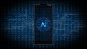An animated smartphone displays a glowing AI logo on a digital binary code background. Represents artificial intelligence, mobile technology, and data processing. - Powered by Shutterstock - Get 15% off with code: PIKWIZARD15