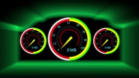 Futuristic green neon speedometer dashboard hud display with data transfer loading. Animated speedometer gauge meter with green neon hud data transfer rate loading bar. - Powered by Shutterstock - Get 15% off with code: PIKWIZARD15