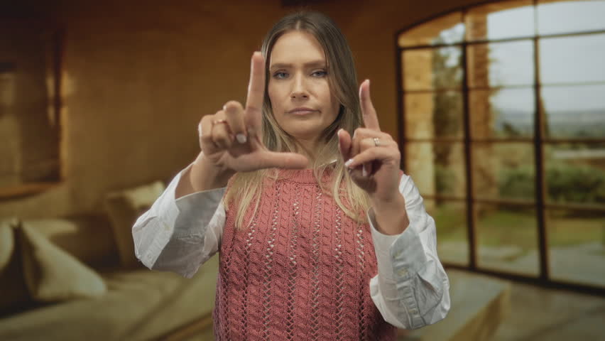 Woman making loser gesture indoors in a hotel room, wearing pink sweater, blond hair, standing by large window, serious expression, blurred background, natural light, casual attire.