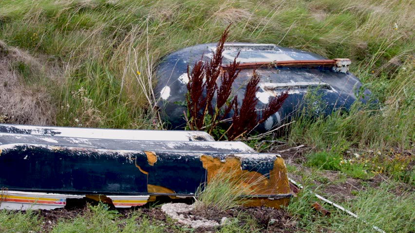 Two weathered boats lie overturned among tall grass, natural daylight, static wide shot