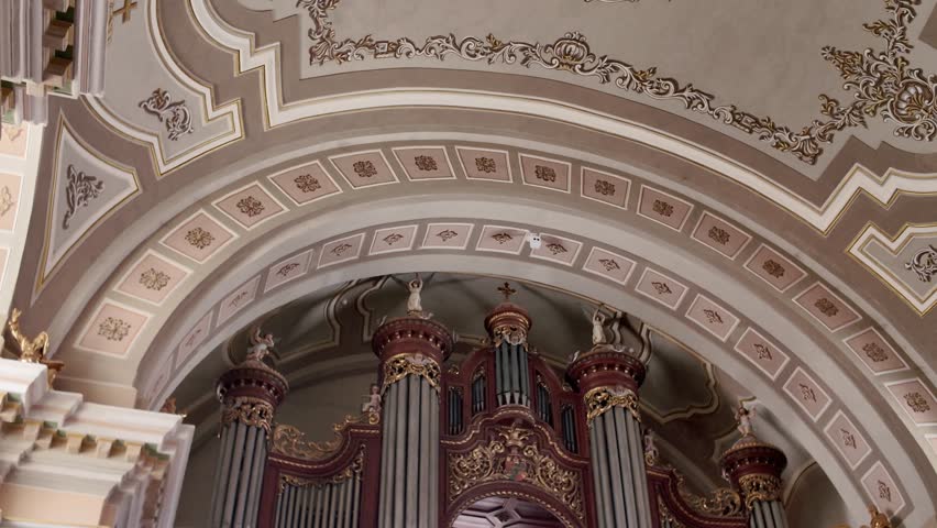Timisoara landmark interior featuring the historic organ of Saint George’s Catholic Cathedral, framed by detailed architectural elements.