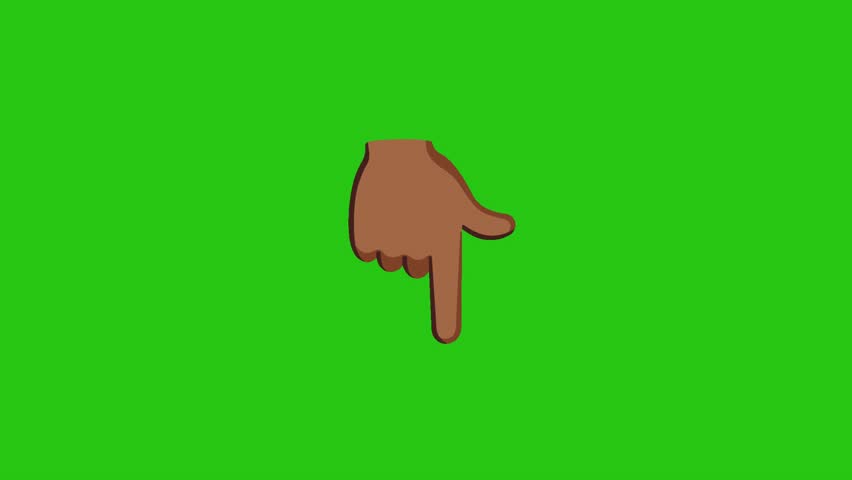 Cartoon hand pointing down against a vibrant green background.