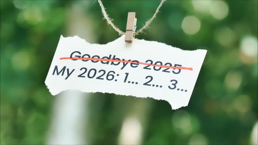 Torn paper note with 'Goodbye 2025' crossed out and 'My 2026: 1... 2... 3...' written on it, hanging on a string outdoors.