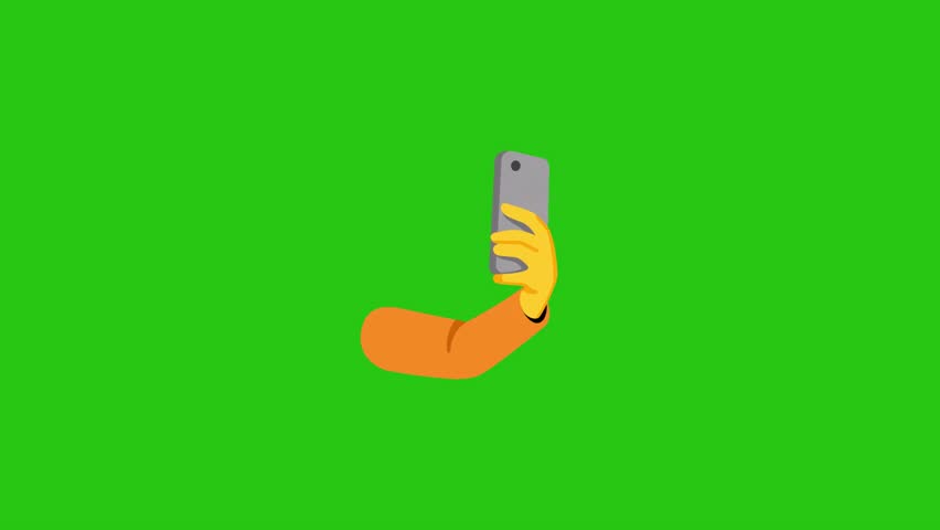 Cartoon hand holding a smartphone on a bright green background.