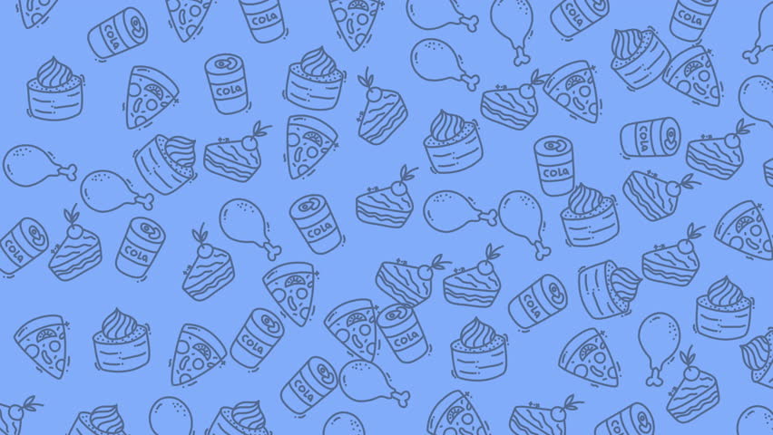 Animated seamless pattern of kawaii fast food icons including pizza slices, cakes, soda cans, and chicken legs. Ideal for packaging, kids design, branding, wallpaper, and cute social media visuals. - Powered by Shutterstock - Get 15% off with code: PIKWIZARD15