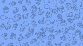 Animated seamless pattern of kawaii fast food icons including pizza slices, cakes, soda cans, and chicken legs. Ideal for packaging, kids design, branding, wallpaper, and cute social media visuals. - Powered by Shutterstock - Get 15% off with code: PIKWIZARD15
