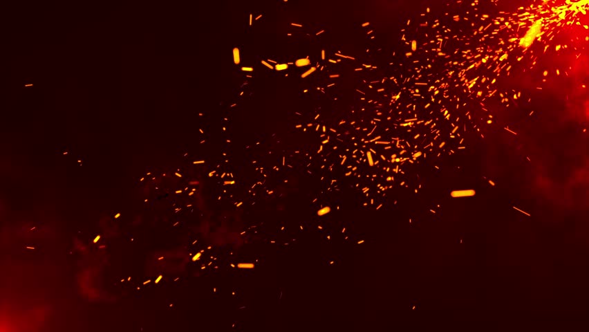 Fiery sparks and glowing embers erupt from a dark background, creating a dynamic and energetic abstract composition