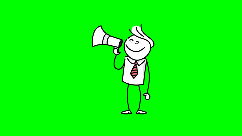3D stick guy using megaphone shouting announcement on green screen background, perfect for marketing, protest, business, and public communication concepts
