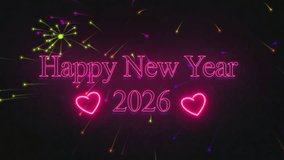 Futuristic red neon sign with the new year 2026 lighting up sequentially against a dark,
 with sparkle fireworks explosion.
 creating vibrant glowing environment for new year's celebration 4k video
 - Powered by Shutterstock - Get 15% off with code: PIKWIZARD15