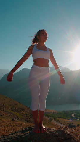 Woman Practicing Yoga On Mountain Peak At Sunrise Finding Inner Peace Harmony And Balance In Nature Mindfulness Meditation Spiritual Awakening Calm Morning Energy Freedom Wellness Concept