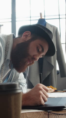 fashion designer using digital tablet creating virtual sketches modern creative professional representing innovation digital fashion and sustainability vertical slow motion fullhd video