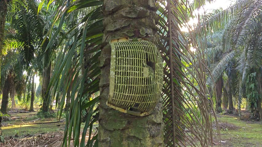 the bright morning sun ray beaming through the leafy palm oil trees in the remote plantation.