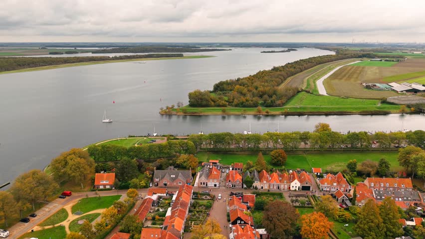 Historic city of Veere, Netherlands, seen from above with old harbor and medieval buildings