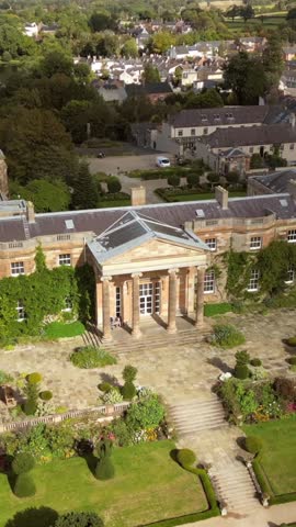 Rising social ratio 30FPS aerial of Hillsborough Castle and Estate in Northern Ireland. Produced in 1080x1920 with broadcast ready Rec709 color.