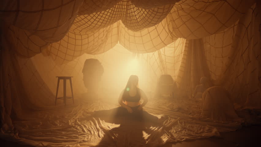 Fitness for healthy life, overweight woman exercising in studio, doing split. Lady sitting on floor and stretching muscles, flexible body, sport and healthy lifestyle, body positivity and diversity