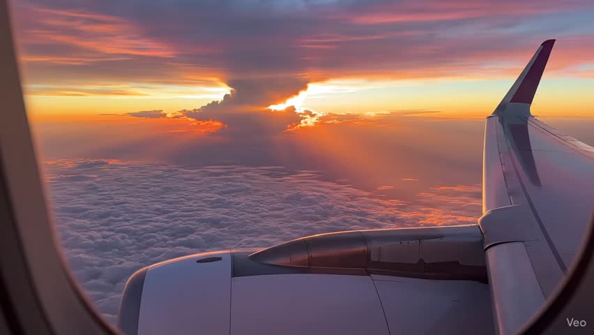 A beutiful view of the reddish sky through the aeroplane window 