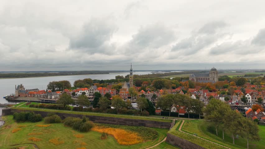 Areal habour of the historic town of Veere, Zeeland, Netherlands with harbor and church