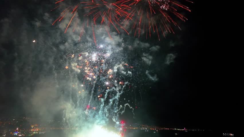 Exploding fireworks drone footage - 4k video shot by drone as fireworks explode
