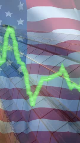 Stock market graph animation over American flag and city buildings. Finance, economy, investment, trading, growth, business