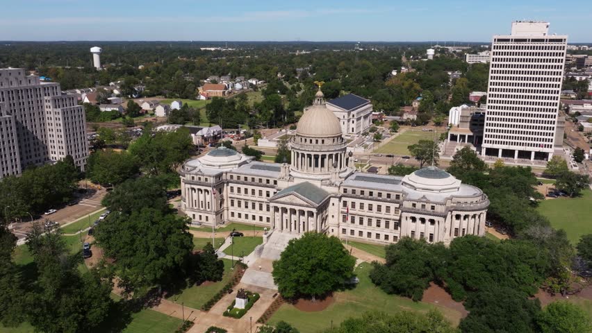 Orbiting Drone Shot Above Mississippi State Capitol Building in Downtown Jackson