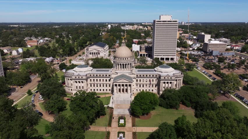 Mississippi State Capitol Building - Aerial Boom Shot Reveals Jackson Cityscape
