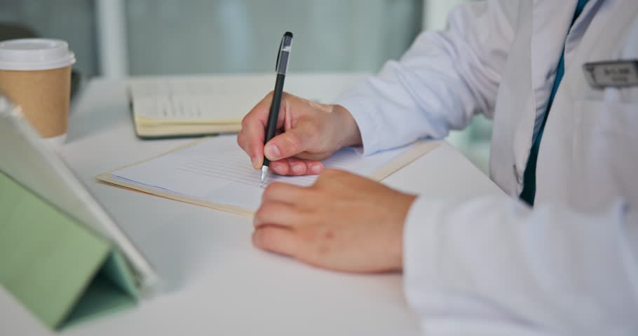 Doctor, hands or writing with documents or tablet for prescription or medical diagnosis in hospital. Person, healthcare worker or surgeon filling paperwork, form or insurance for health consultation