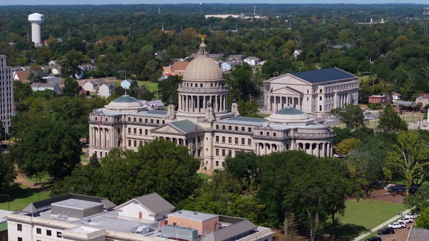 Cinematic Establishing Drone Shot of Mississippi State Capitol. Downtown Jackson