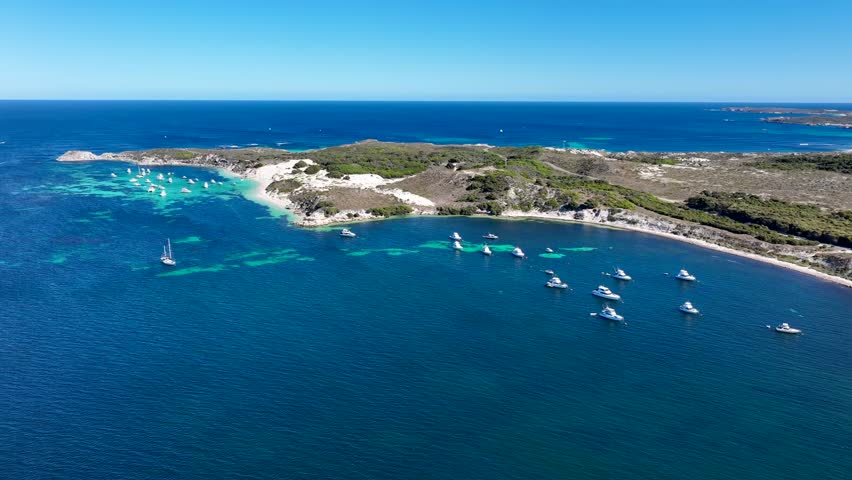 Aerial view of boats scattered around Rottnest Island