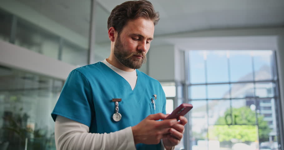 Doctor, telehealth and man with smartphone, hospital and medical advice on social media and website. Healthcare, communication and person with mobile for appointment reminder, laughing and texting