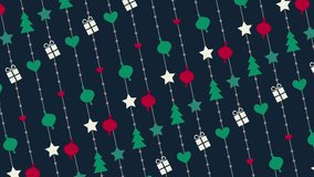 Festive seamless Christmas pattern featuring hanging decorative elements including pine trees, gift boxes, hearts, stars, and baubles on a dark navy background. - Powered by Shutterstock - Get 15% off with code: PIKWIZARD15