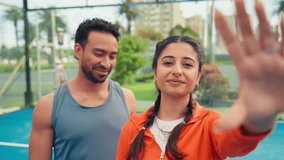 Fitness, face or people in court with selfie, bonding together or digital memories of padel game. Happy, friends or athlete outdoor with racket, training support or moment capture in social media POV - Powered by Shutterstock - Get 15% off with code: PIKWIZARD15