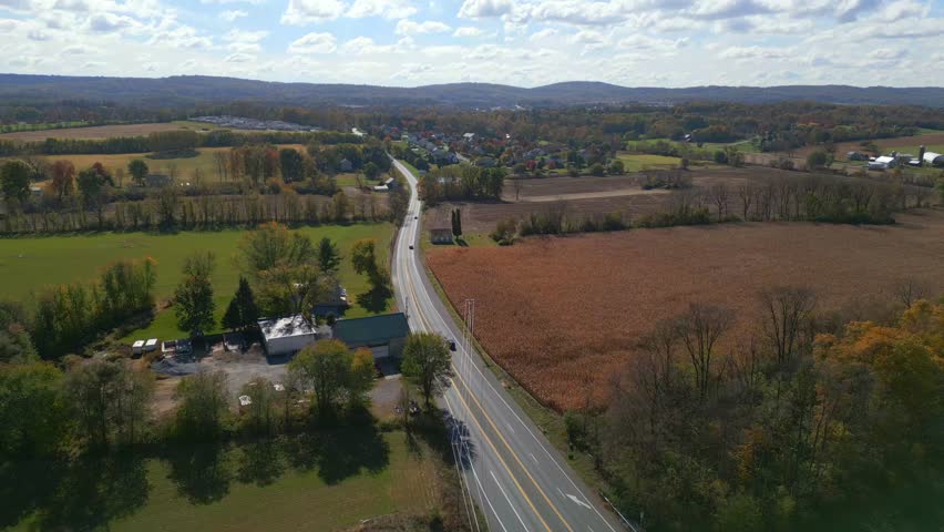 Aerial drone view of farmland during fall.