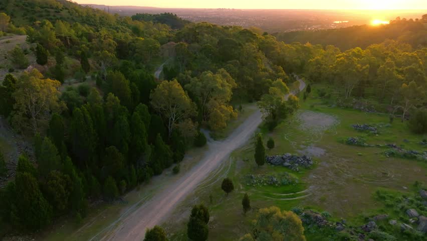 Aerial view of a winding road amidst green hills and trees, bathed in the warm glow of the setting sun, creating a tranquil scene, Adelaide, South Australia, Australia.