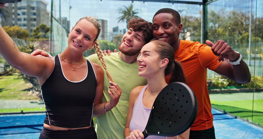 Selfie, padel court and people with fitness, sports game and profile picture with training. Friends, men or women with tennis players, capture moment and photography with competition, memory or smile