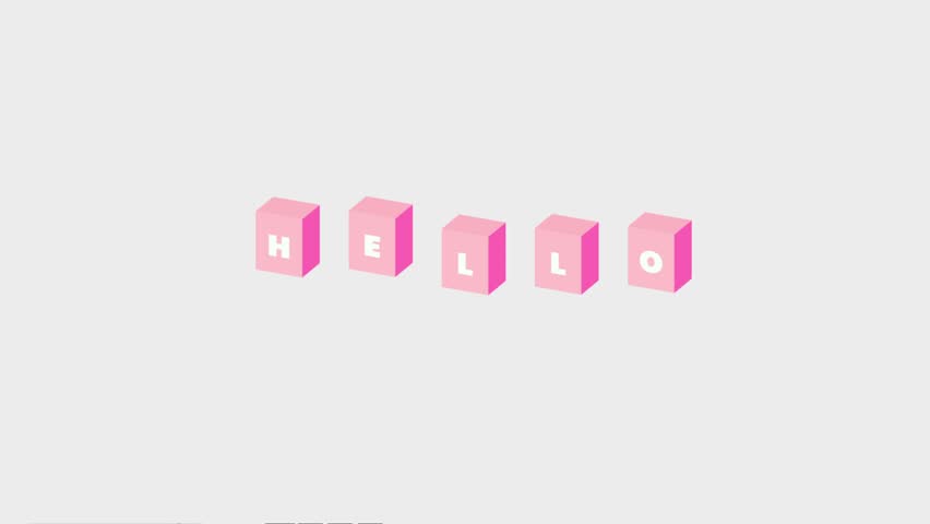 Jumping pink 3D blocks forming the word "HELLO" in a playful animated style on a light background.