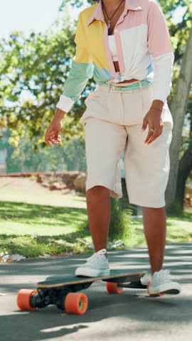 Friends, legs of woman and skateboard at park for weekend break, bonding and streetwear fashion. Hobby, happy gen z people and skill with skating outdoor for holiday adventure, balance and edgy style