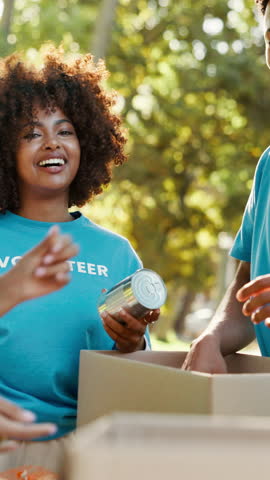 Volunteer, team and packing donation box at park for non perishable supplies, charity event or NGO. Happy group, people and help with grocery package outdoor for social responsibility and food drive
