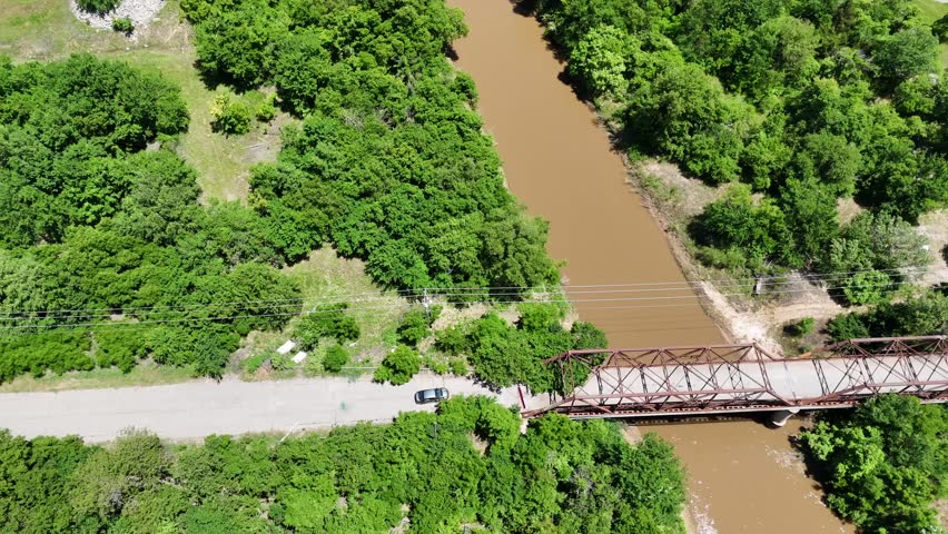 Aerial top down of old bridge and plains sunny summer day old Route 66 El Reno Oklahoma OK USA