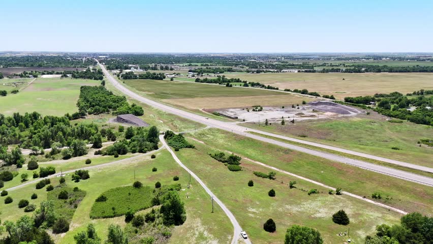Aerial landscape of old bridge and plains sunny summer day old Route 66 El Reno Oklahoma OK USA